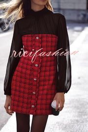 Festive Elegance Tulle Plaid Tweed Patchwork Balloon Sleeve Mini Dress