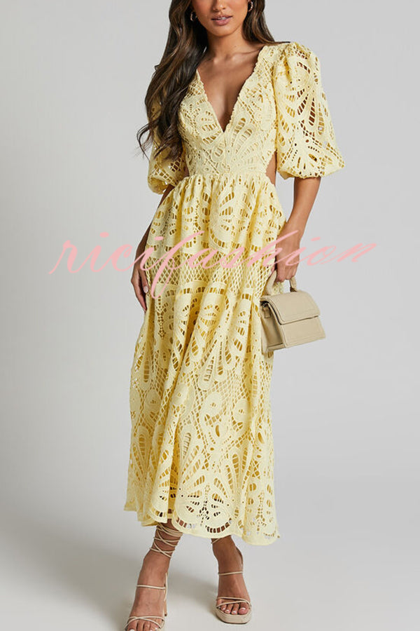 Solid Color V neck Hollow Lace Waistless Sexy Maxi Dress