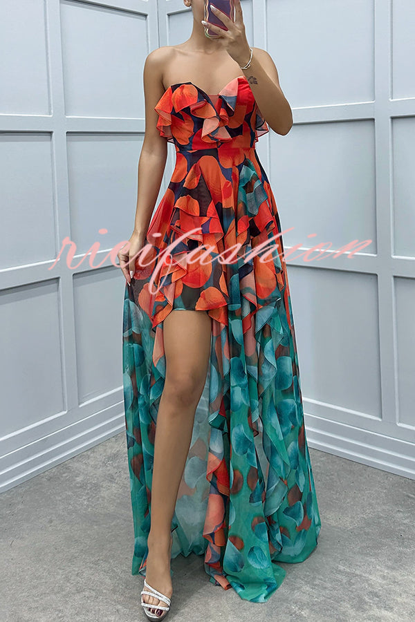 Loving Moment Gradient Unique Print Flowing Layered Ruffles Strapless Slit Maxi Dress