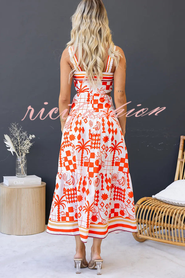 Unique Print Waist Cutout Back Gathered Suspender Maxi Dress