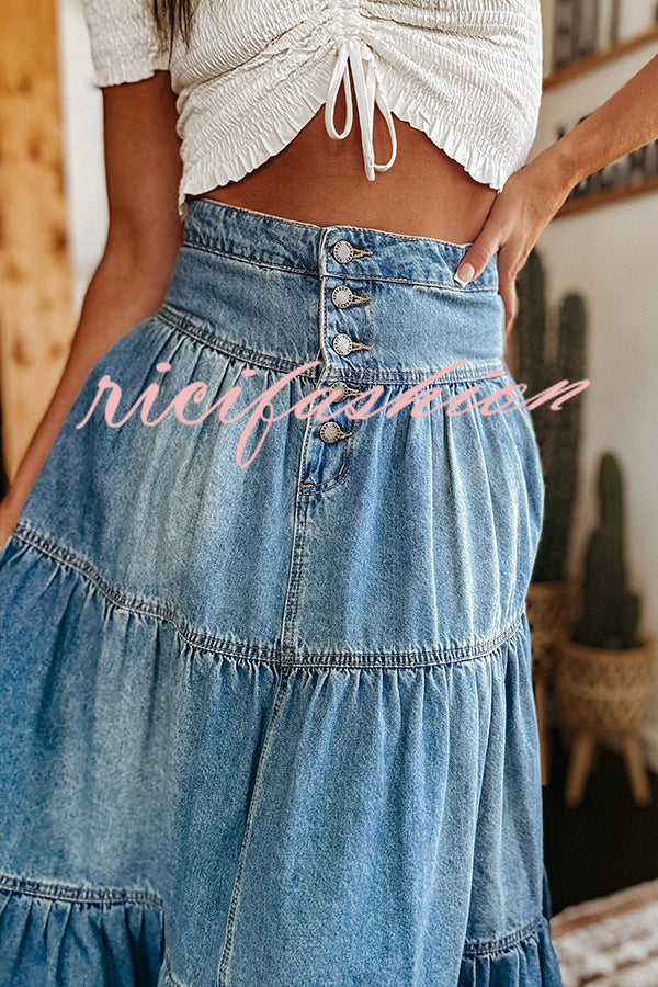 Bohemian High Rise Button Up Loose Denim Pocket Maxi Skirt