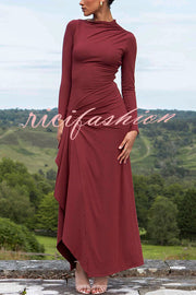 Venus Long Sleeve Ruched Side Slit Drape Ruffles Back Lace-up Stretch Maxi Dress