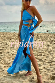 As Beautiful As The Sky Side Waist Ring Hollow Design Slit Vacation Maxi Dress