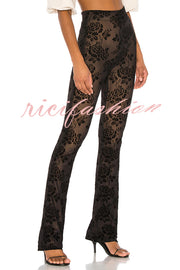 Romance Detail Flower Pattern Mesh Elastic Waist Stretch Flare Pants