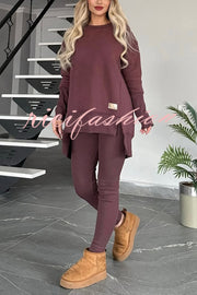 Solid Color Crew Neck Long Sleeve Top and Casual Stretch Pants Set