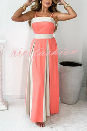 Fashion Contrast Color Sling Back Pleated Lace Up Maxi Dress