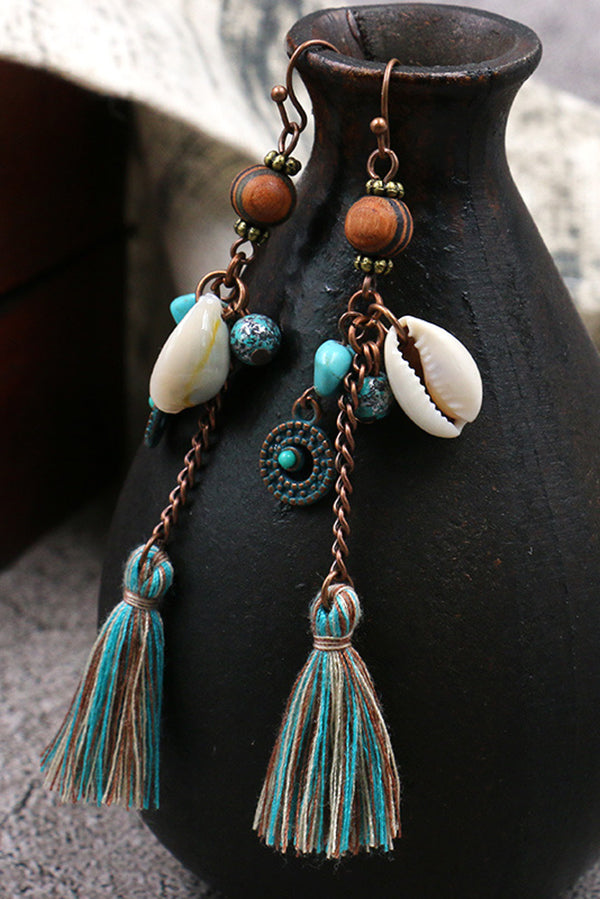 Vintage Wooden Bead Handmade Shell Tassel Earrings