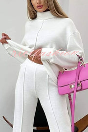 Solid Color Casual Knitted High Neck Long Sleeve Top and Elastic Waist Loose Pants Set