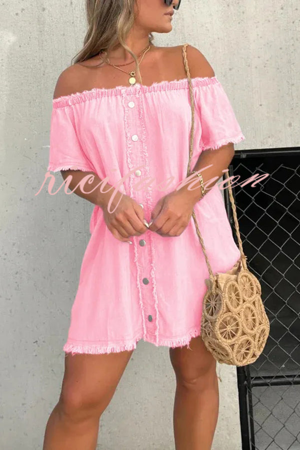 Fashionable Off Shoulder Short-sleeved Loose Denim Mini Dress