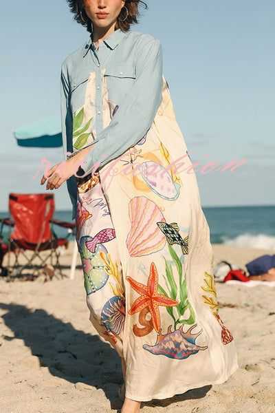 Take A Trip Marine Elements Unique Print Patchwork Pocketed Long Shirt Coat