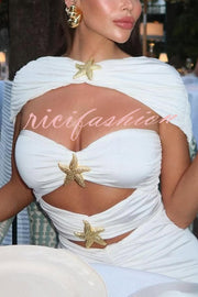 Solid Starfish Decoration Shawl and Cutout Stretch One-Piece Swimsuit