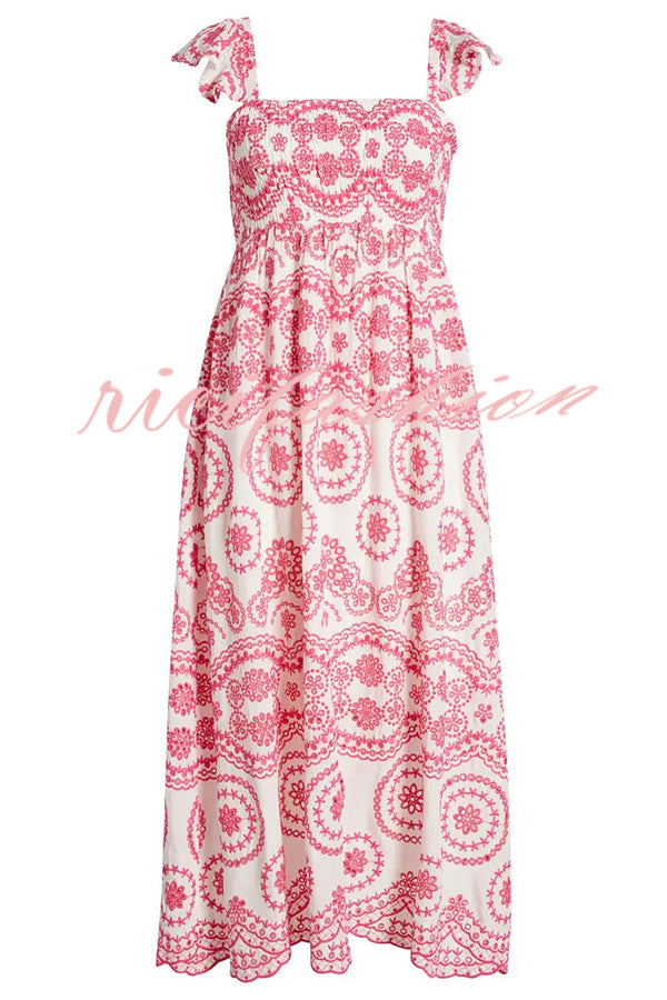 Darling & Dainty Embroidery Style Unique Print Smocked Midi Dress