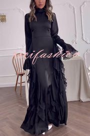 Cline Solid Color High Neck Long Sleeve Elegant Ruffles Maxi Dress