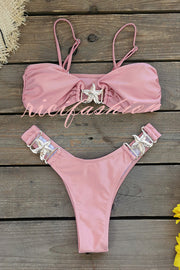 Solid Color Metal Starfish Embellished Stretch Bikini Swimsuit