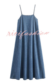 Tenaya Denim Back Elastic A-line Loose Slip Maxi Dress