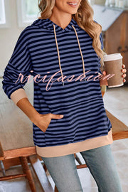 Striped Print Long Sleeve Pocket Loose Hoodie