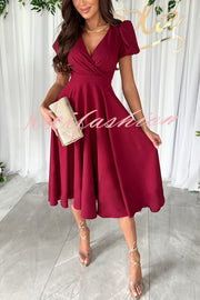 Zayla Solid Color Puff Sleeve V-neck Waist Slim Fit Midi Dress