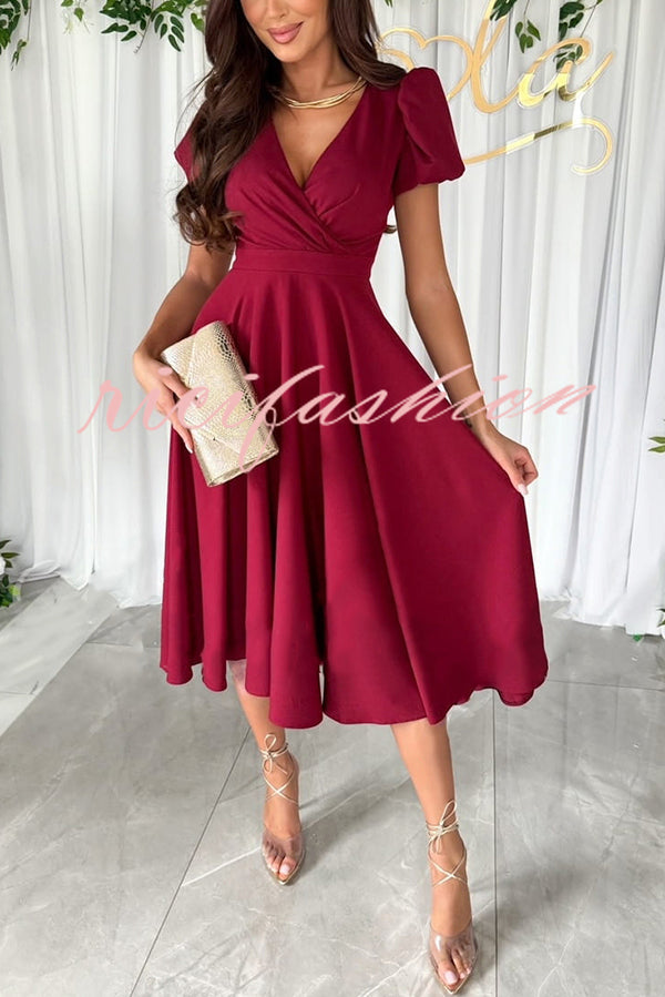 Zayla Solid Color Puff Sleeve V-neck Waist Slim Fit Midi Dress