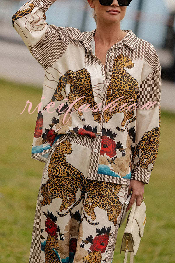 Exotic Leopard Flower Patchwork Print Button Down Oversized Blouse