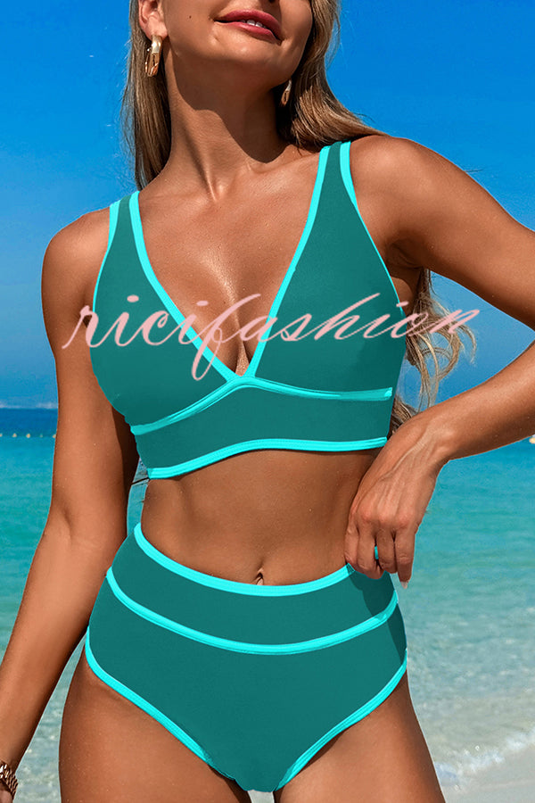 Solid Color Contrast High Waist Stretch Bikini Swimsuit