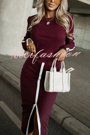 Stylish Paneled Long Sleeve Crew Neck Top and Elastic Waist Slit Midi Skirt Set