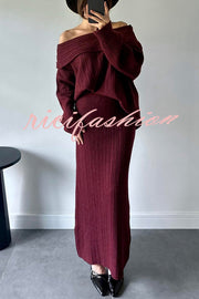 Luka Ribbed Knit Off Shoulder Long Sleeve Sweater and Stretch Maxi Skirt Set