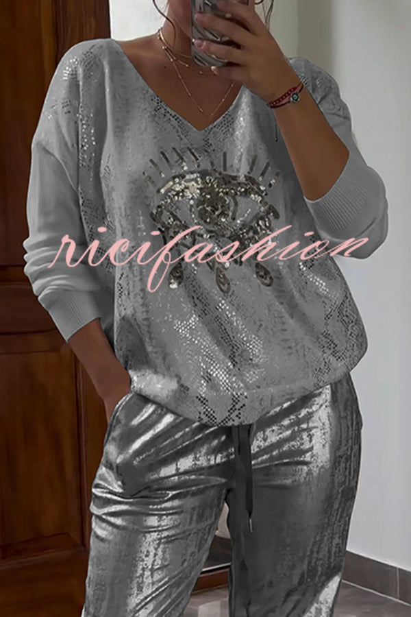 Three-dimensional Eye V-neck Long-sleeved Hot Stamping Top