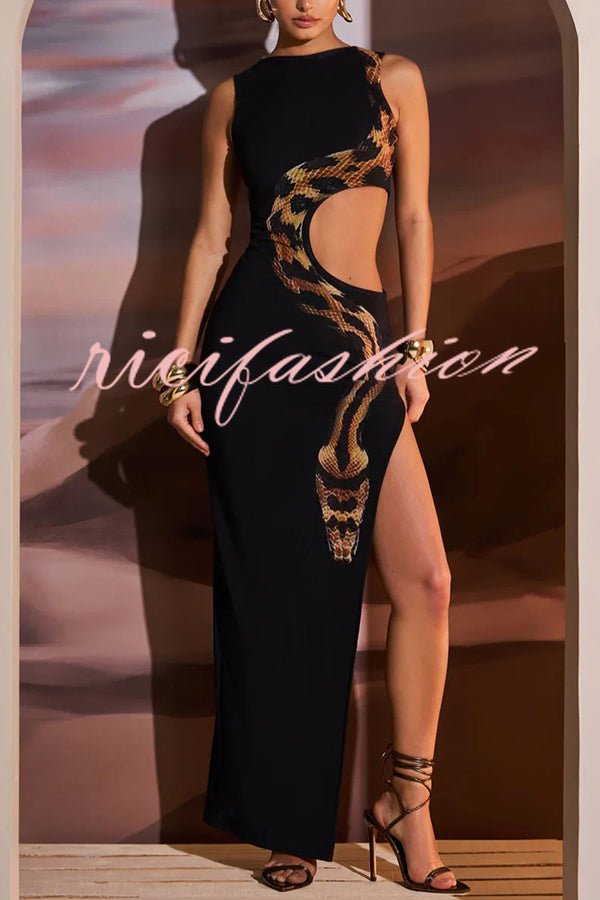 Wild Charm Snake Pattern Cut Out Detail Slit Stretch Maxi Dress