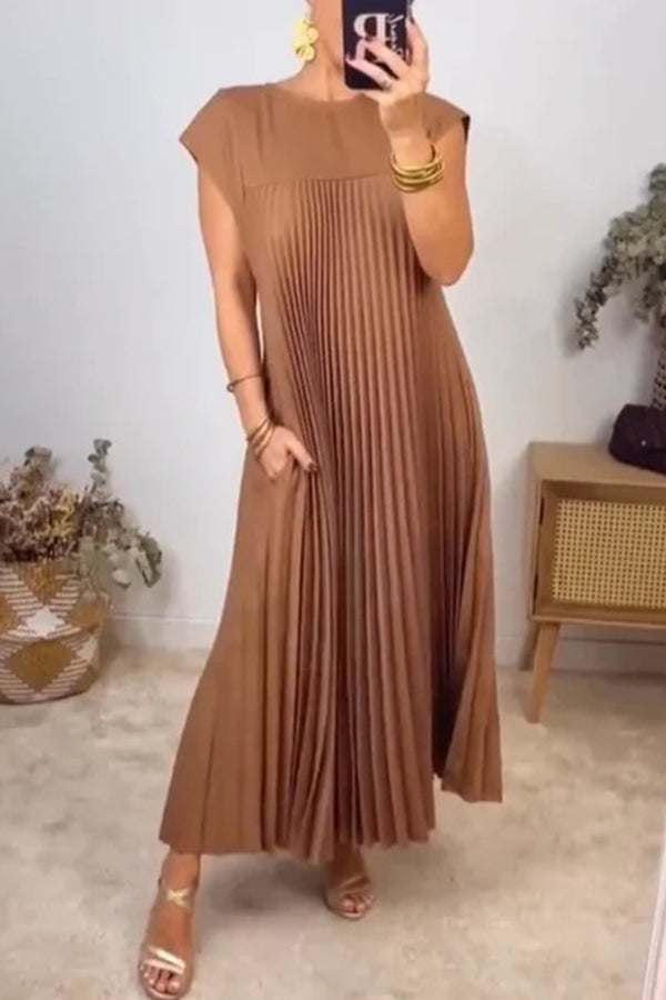 Solid Color Round Neck Sleeveless Pleated Large Hem Maxi Dress