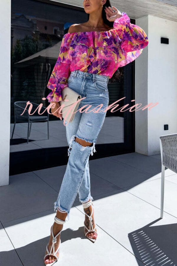 Colorful Botanical Print Sexy Off-shoulder Ruffle Top