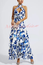 Gorgeous Styling Botanical Print Halter Neck Open Back Tiered Hem Maxi Dress