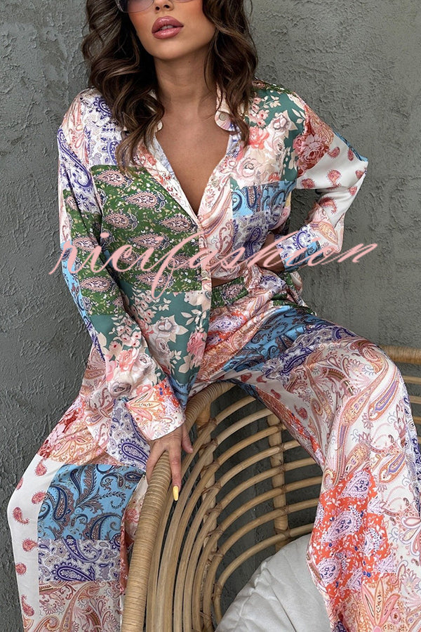 Unique Ethnic Print Long-sleeved Shirt and Elastic Waist Pants Set