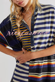 Contrast Striped Patchwork Denim Lapel Loose Casual Mini Dress