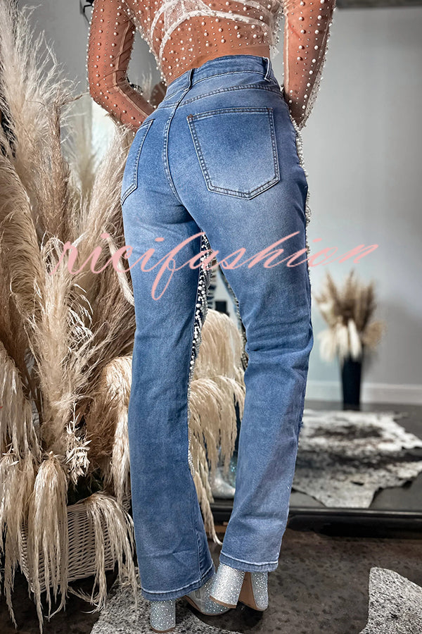 Stylish Multi-layered Pearl Chain Ripped Pocket Straight Jeans