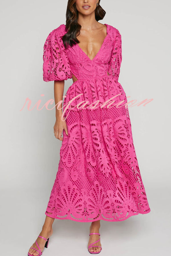 Solid Color V neck Hollow Lace Waistless Sexy Maxi Dress