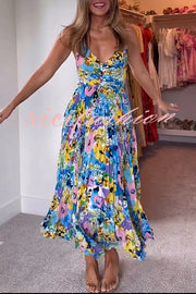 Wedding Party Season Floral Print Pleated Back Tie-up Midi Dress