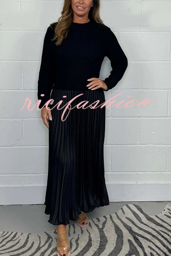 Stylish Knitted Round Neck Long Sleeve Patchwork Pleated Hem Maxi Dress