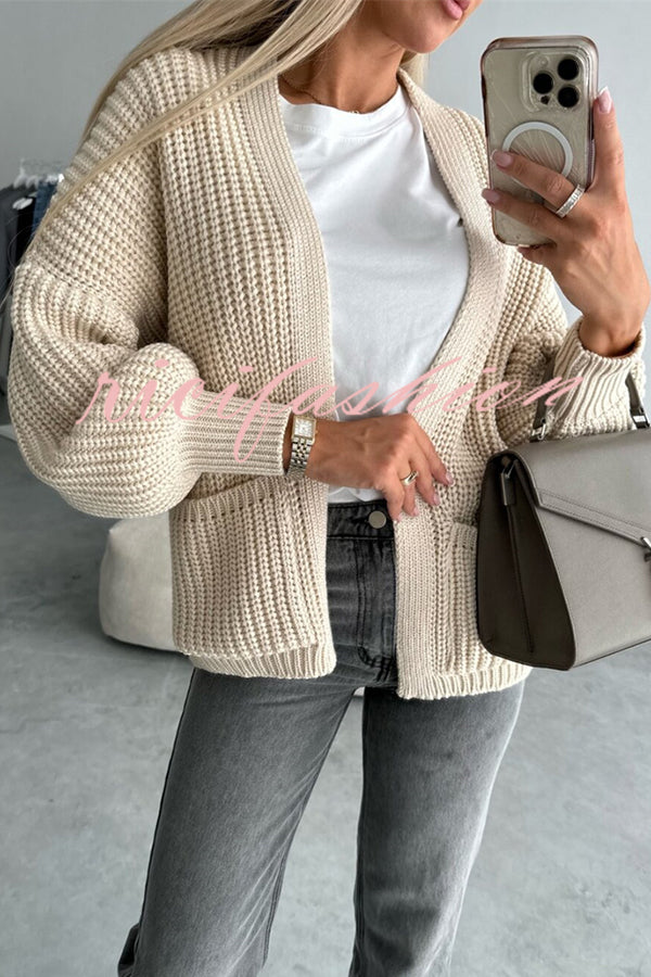 Solid Color V-neck Long-sleeved Casual Knitted Cardigan