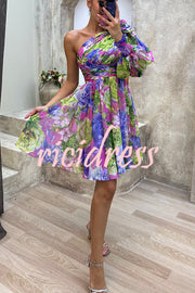 Vivid Visions Floral Print Pleated One Shoulder Sleeve Swing Mini Dress