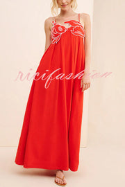 Red Fish Embroidered Sling Backless Maxi Dress