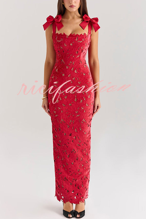 Holiday Intimacy Embroidered Floral Lace Bow Shoulder Straps Slit Maxi Dress