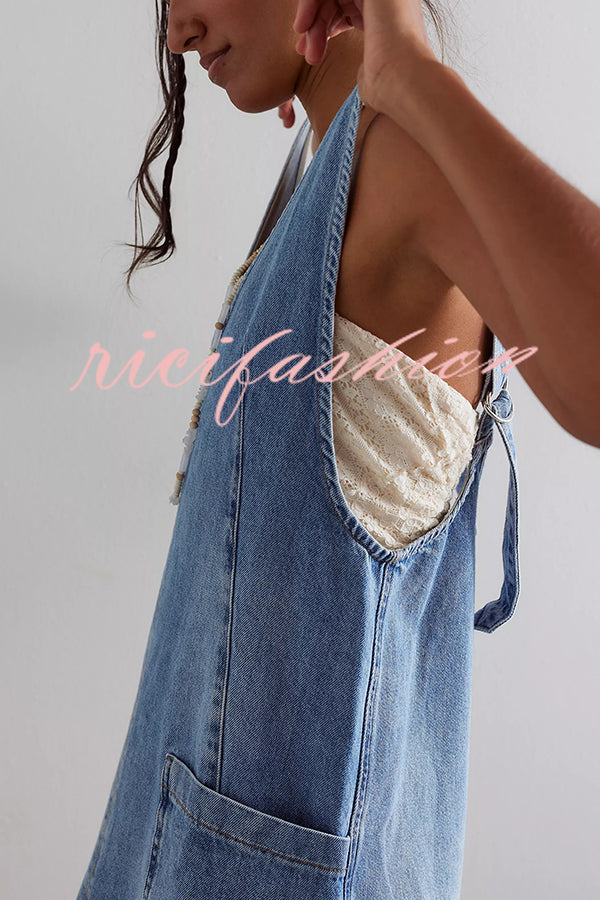 Solid Color Sleeveless V-neck Pocket Adjustable Denim Suspender Mini Dress