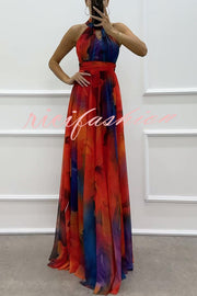 Elaine Tulle Floral Splash Print Cutout Halter Tie-up Neck Gown Maxi Dress