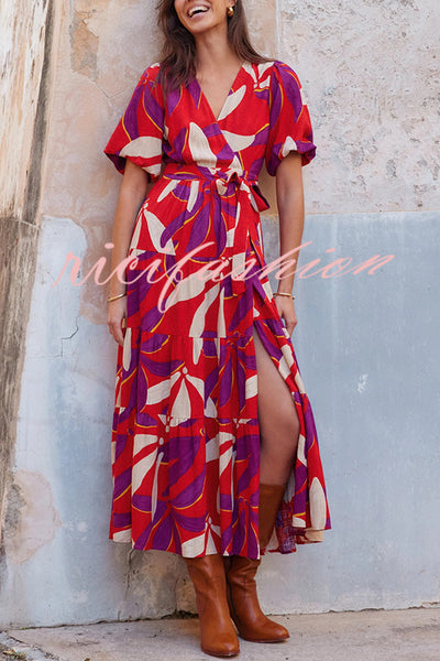 Unique Printed Waist Lace Up Slit Maxi Dress