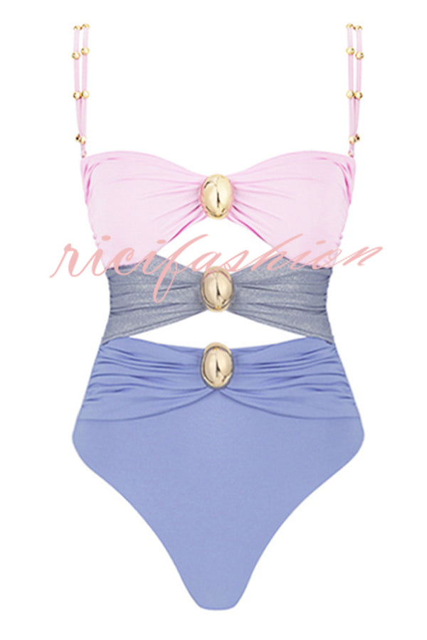 Color Block Patchwork Hollow Metal Decorative Stretch One-piece Swimsuit