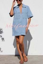 Amalie Light Denim Open Collar Pocketed Shift Style Mini Dress