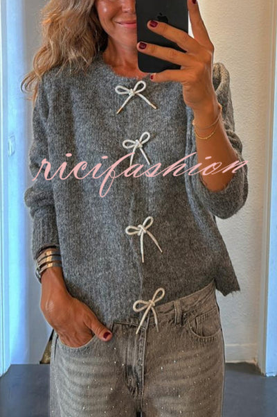 Paris Mornings Knit Front Bow Design Long Sleeve Relaxed Cardigan