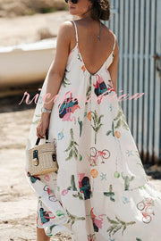 Summer Fashion Unique Print Round Neck Suspender Backless Midi Dress