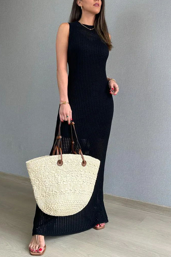 Elegant Knitted Round Neck Paneled Cutout Bodycon Maxi Dress