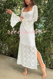 Luxe Lifestyle Lace Square Neck Bell Sleeve Lined Slit Midi Dress